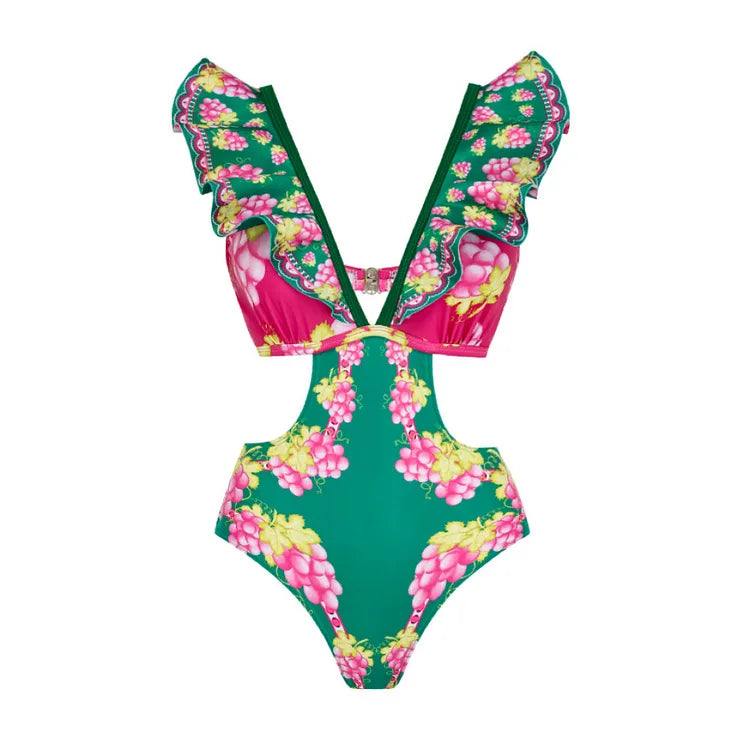 Swimwear 2PC Cover-up Swimsuit Ruffle Printed Deep V One-piece Kimono Bikini Suit