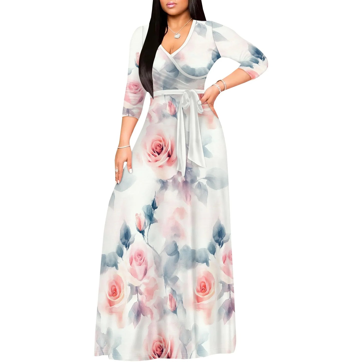 Romantic Floral V-Neck 3/4 Sleeve Wrap Maxi Dress with Belt