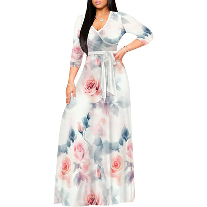 Romantic Floral V-Neck 3/4 Sleeve Wrap Maxi Dress with Belt