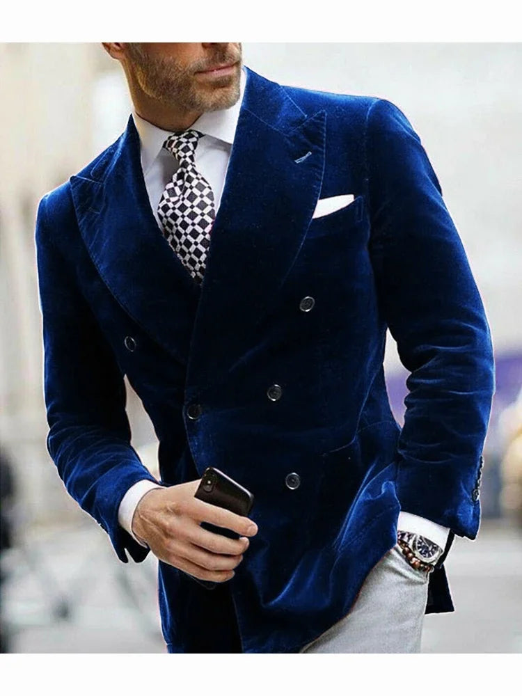 Elegant Italian Velvet Double Breasted Blazer for Men