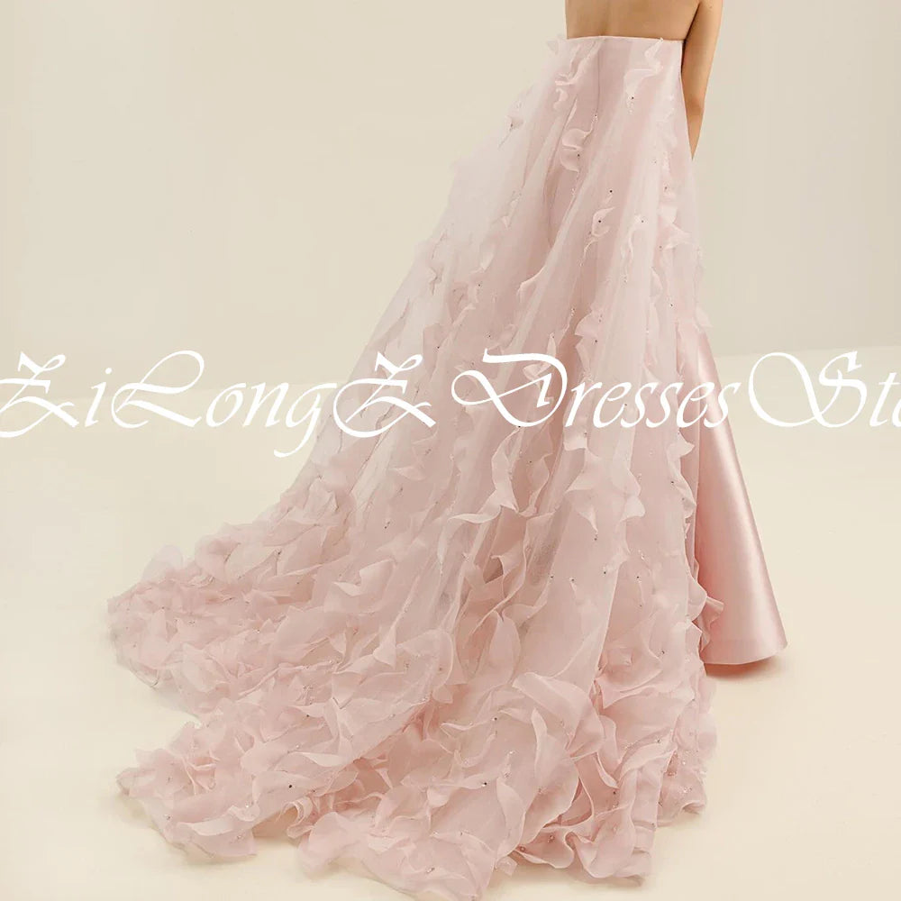 Customized Exquisite Pink Satin Lace Sequined Evening Mermaid Dress Back Strapless Sleeveless Train Prom Gown