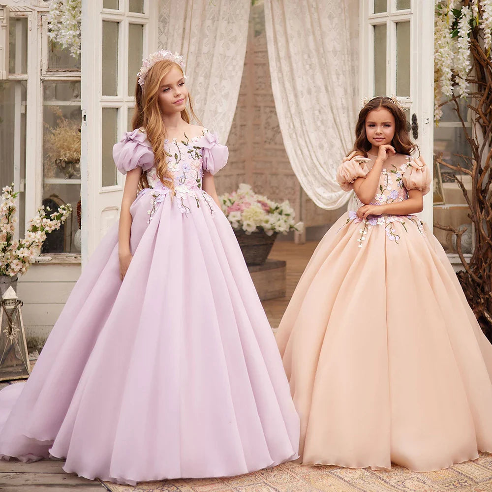 Flower Girl Dress Applique Short Sleeve Puffy Tulle With Bow Party Dress