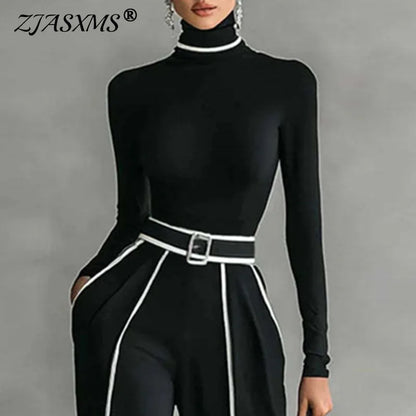 2 Piece Set Autumn/Winter Striped Print Elegant Stand Collar Slim Top Pullover & Wide Leg Trousers Suit