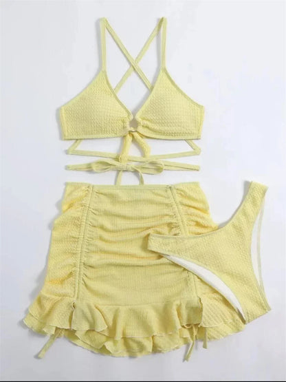 Women's Solid 3 Piece Swimsuit Halter Ring Linked Criss Cross Cover Up Ruffle Skirt
