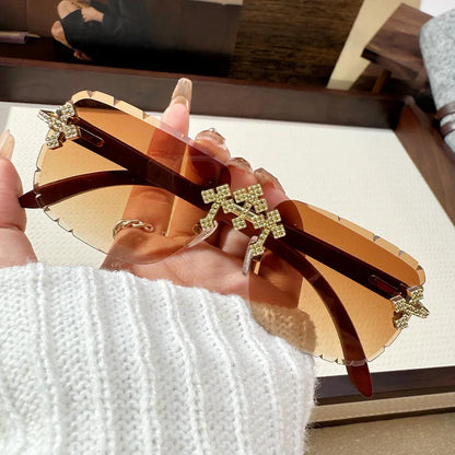 Vintage Rimless Square Cutting Lens Women Men Luxury Brand Designer Sunglasses Popular Punk Diamond Cross Sun Glasses UV400