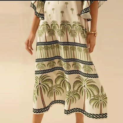 Summer Tropical Plant V-Neck Bohe Elegant Half Sleeve Loose Party Dress A-line