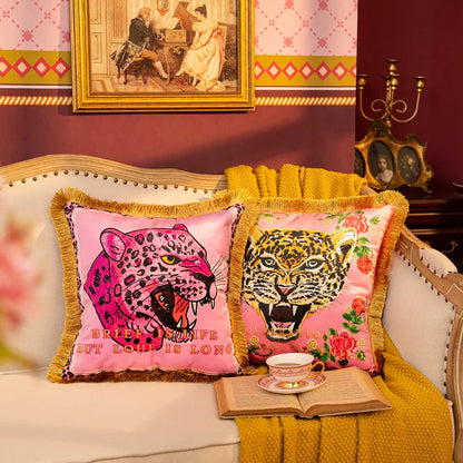 Luxury Pink Tiger Pillowcase Double-sided Velvet Tassel Living Room Sofa Decoration Square Cushion Cover