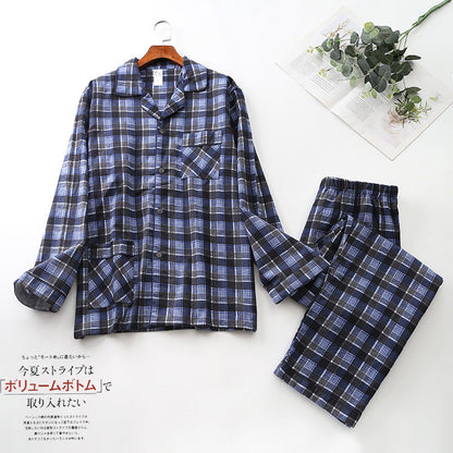 Spring Autumn Winter Long-sleeved Men's Trousers Pajama Set Suits Brushed Cloth Cotton Plaid