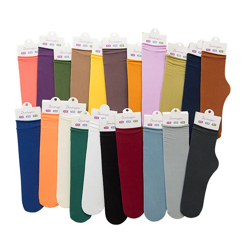 Multicolor Solid Color Ice Silk Velvet Mid Tube Women summer Socks Soft Thin