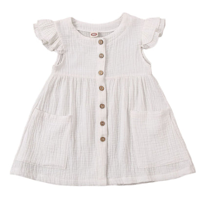 0-6Years Toddler Kid Baby Girl Summer Dress Ruffles Sleeves Cotton Button Pocket Dress Sundress