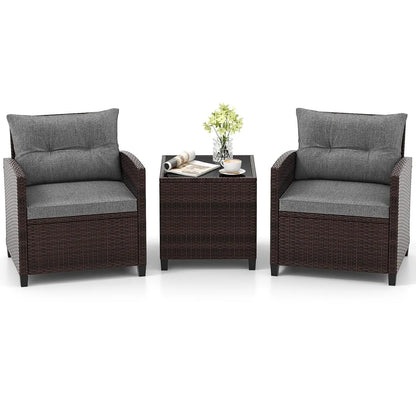 3 Pieces Patio Furniture Set, PE Rattan Wicker 3 Pcs Outdoor Sofa Set w/Washable Cushion and Tempered Glass, Customized