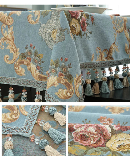 Luxury Jacquard Tablecloth with Tassel Pendant Chenille Fabric Rectangular Table Cover European Living Room Coffee Table Cloth