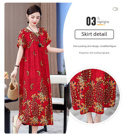 Noble over-the-Knee Middle-Aged Ladieswear Large Swing Noil Poplin Dress