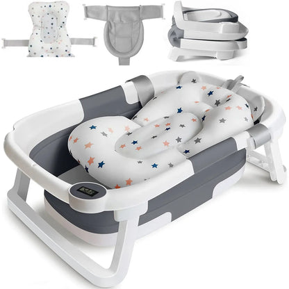 Baby Bath Tub with Bath Cushion Foldable Bathtub with Thermometer Shower Cap Shower Brush for Newborn and Toddler 0-36 Months