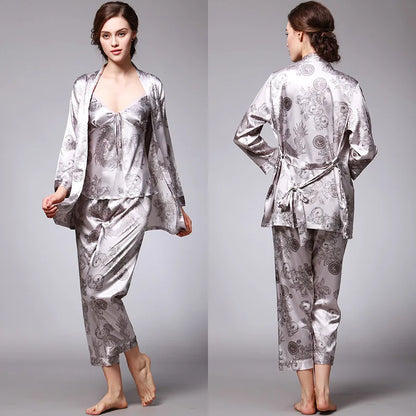 Women's Silk Satin Pajamas Set 3 Pcs Floral Silky Sets Sleepwear