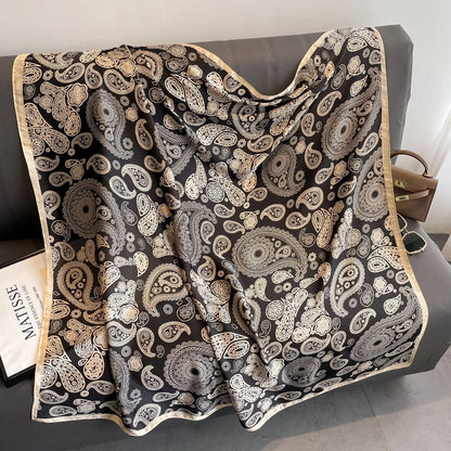 Luxury Horse Print Square Scarf Vintage Imitation Silk Shawl Scarf  Women Windproof Outdoor Head Wrap 110*110cm