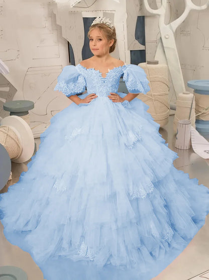Elegant Puffy Sleeves Flower Girl Dresses for Wedding Robe A-Line First Communion Pageant Party Gowns