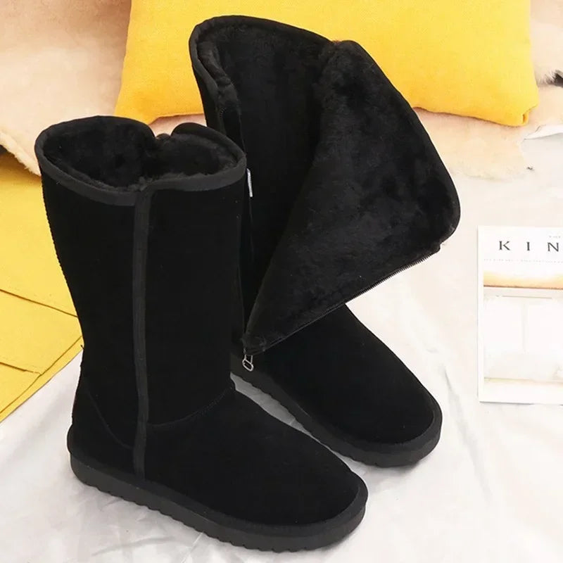 Women Classic Winter Snow Boots Waterproof Warm Genuine Leather Fur Australia Plus Velvet Knee High