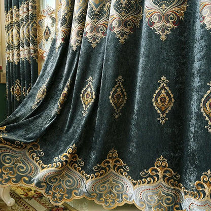 Blue Chenille European Embroidery Curtains Custom Size Retro Print Luxury Light Control for Living Room Bedroom Dining