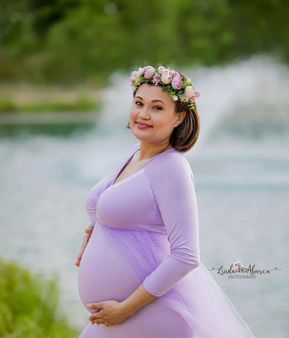 Maternity Long Sleeved Floor Length Mesh Dress