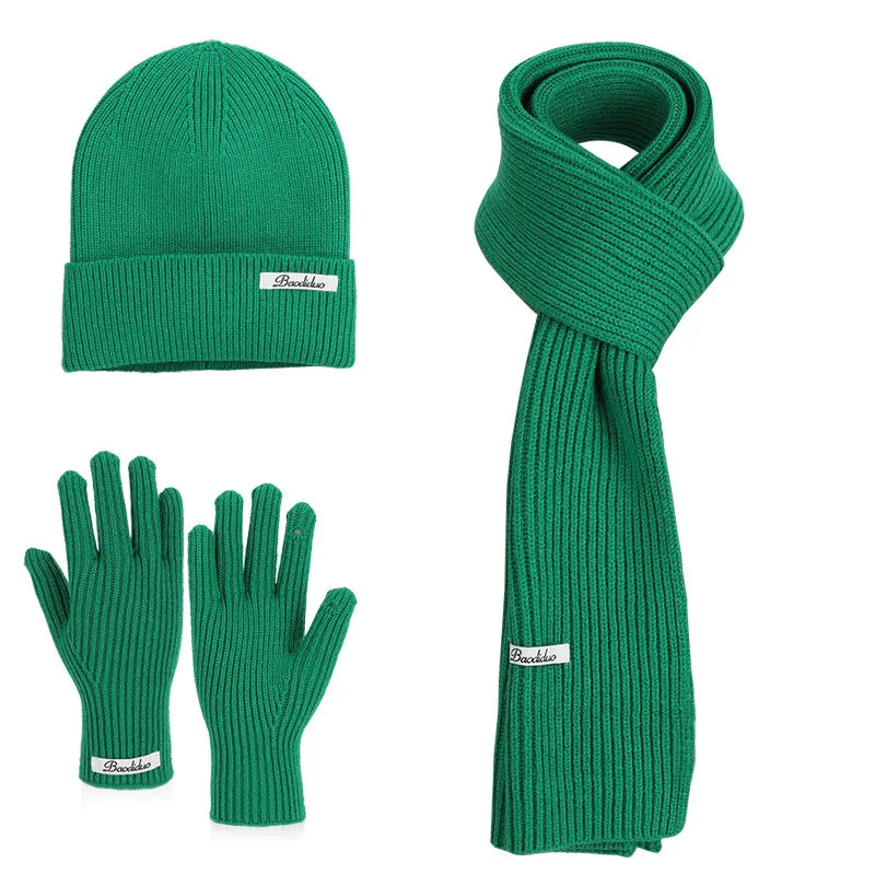 Winter Warm Knitted Hat Scarf Gloves Women's Windproof Three-piece Set