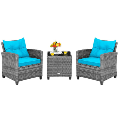 3 Pieces Patio Furniture Set, PE Rattan Wicker 3 Pcs Outdoor Sofa Set w/Washable Cushion and Tempered Glass, Customized