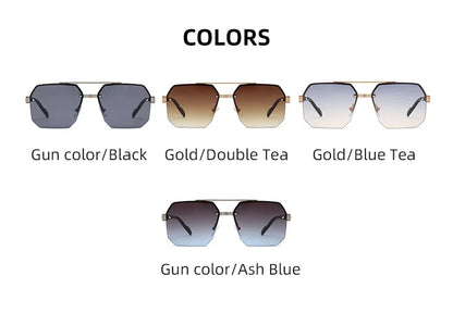 Trendy Aviator Sunglasses for Mens Womens Retro Double Bridge Metal Driving UV400 Outdoor Eyewear Semi-Rimless Lentes De Sol