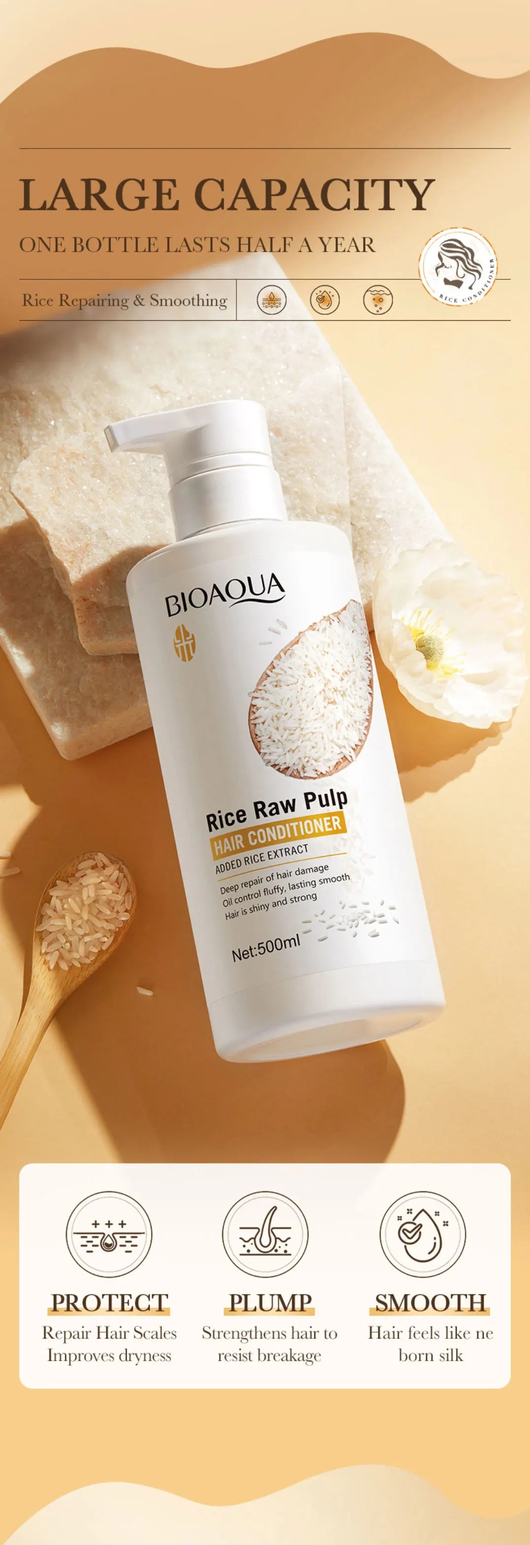 500ml Rice Conditioner Deeply Repairs Damaged Hair, Controls Oil Moisturizes, Leaves Hair Volumizing, Smooth, Shiny, And Elastic