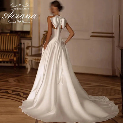 Customized Temperament Elegant Pearls Sleeveless Wedding Dress High Slit Back Bow A-Line Simple Bridal Gown