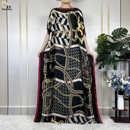 Women Printed Silk Soft Loose Maxi Party Dresses With Belt Turban