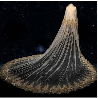 Luxurious Bridal Veil Applique Sequins Golden With Comb Cathedral Two-Layer 3.8Meters