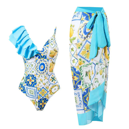 2-Piece Women Brazilian Floral Printed Ruffle Bikinis Strappy Bandage Swimwear