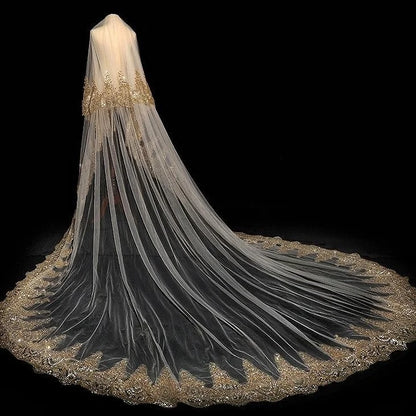 Luxurious Bridal Veil Applique Sequins Golden With Comb Cathedral Two-Layer 3.8Meters