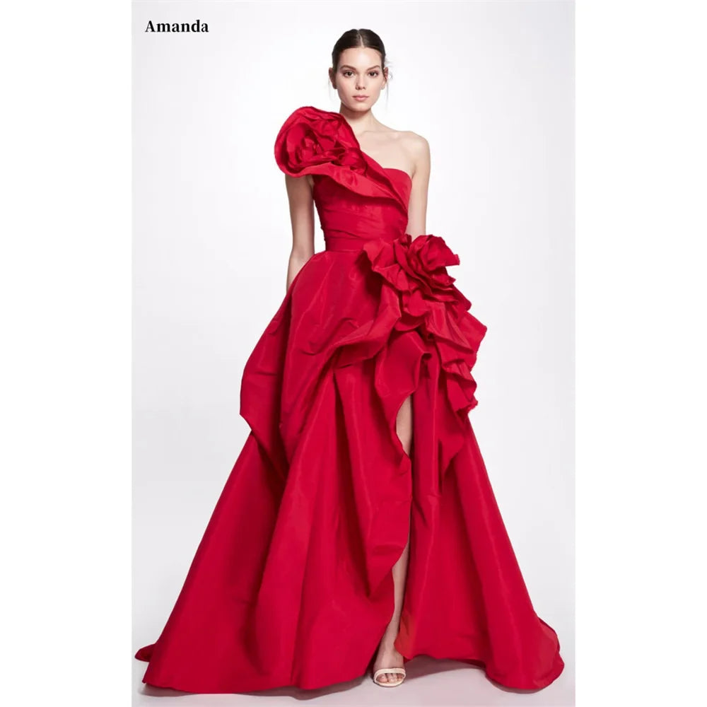 Elegant Satin A-line Gown with 3D Flower One Shoulder Formal Dress