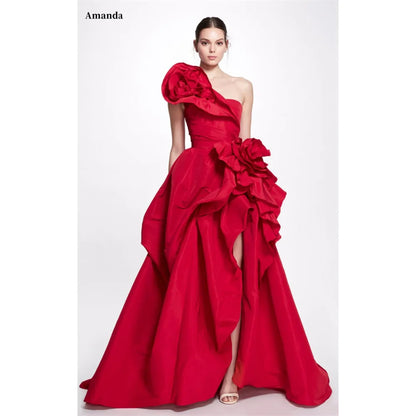 Elegant Satin A-line Gown with 3D Flower One Shoulder Formal Dress