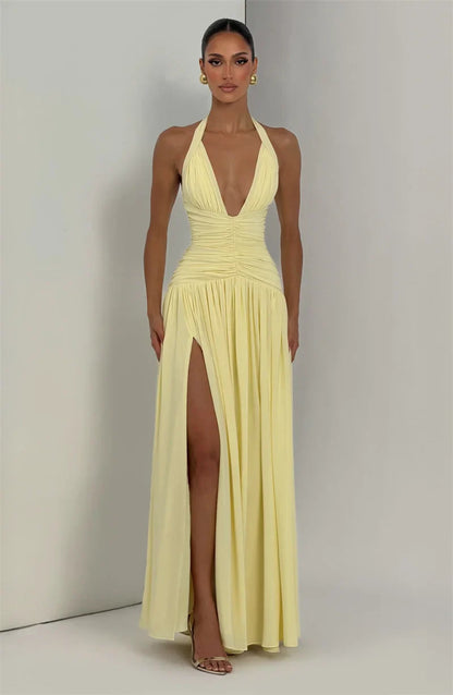 Elegant Halter Deep V Neck Sexy Maxi Women Dress Off-shoulder Sleeveless