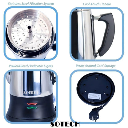 Electric Coffee Maker Pot, Stainless Steel Percolator, 110V, 220V Plug, 1.8L Large Capacity, Gift for Coffee Lovers, 12Cups