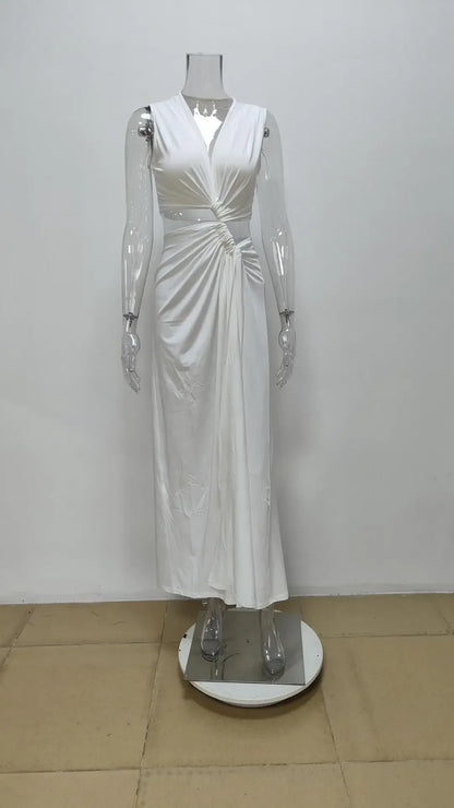 Summer Beach Sexy Maxi Dress Sexy Hollow Out Twist Knot High Split Sleeveless Deep V