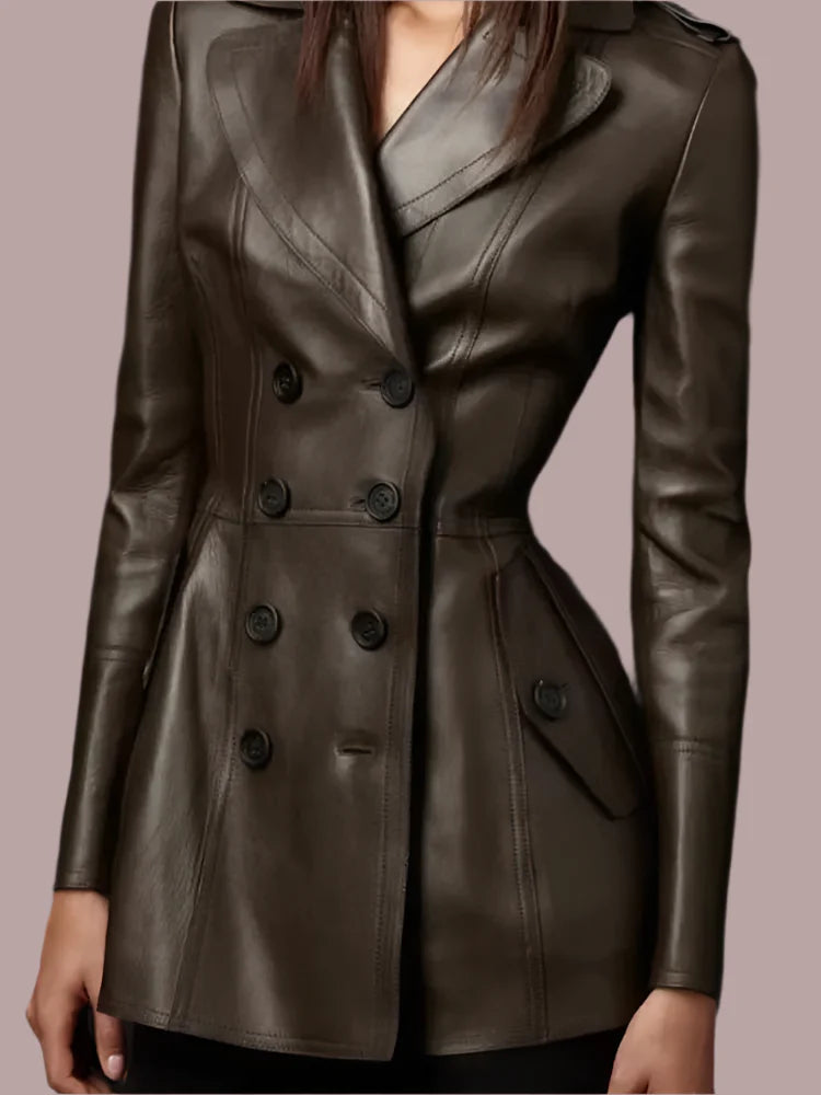 Women Elegant Luxury Fitted Soft Faux Leather Blazer Jacket Double Breasted