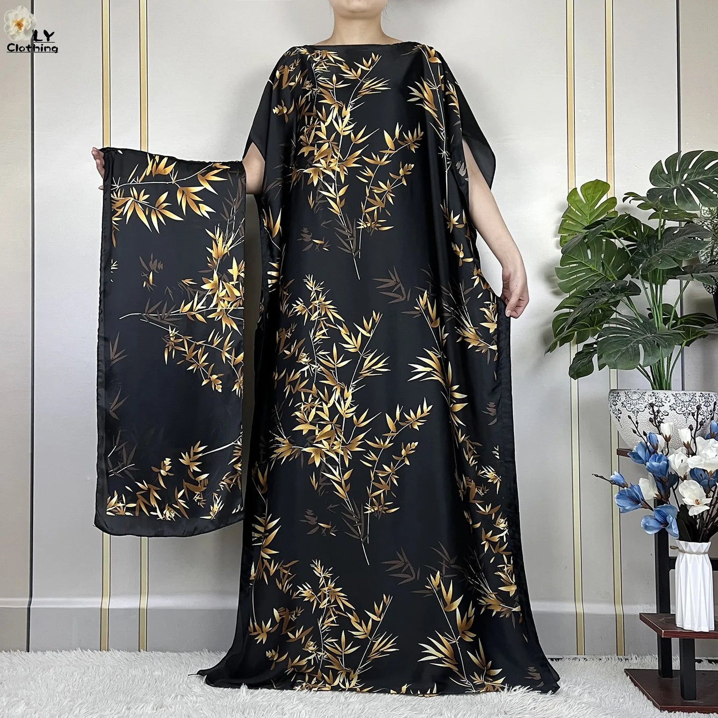 Women Printed Silk Soft Loose Maxi Party Dresses With Belt Turban