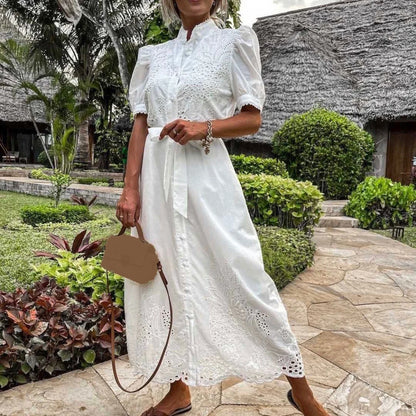 Elegant Embroidered Women Maxi Dress Chic Lapel Long Sleeve High Waist Lace Up Dresses