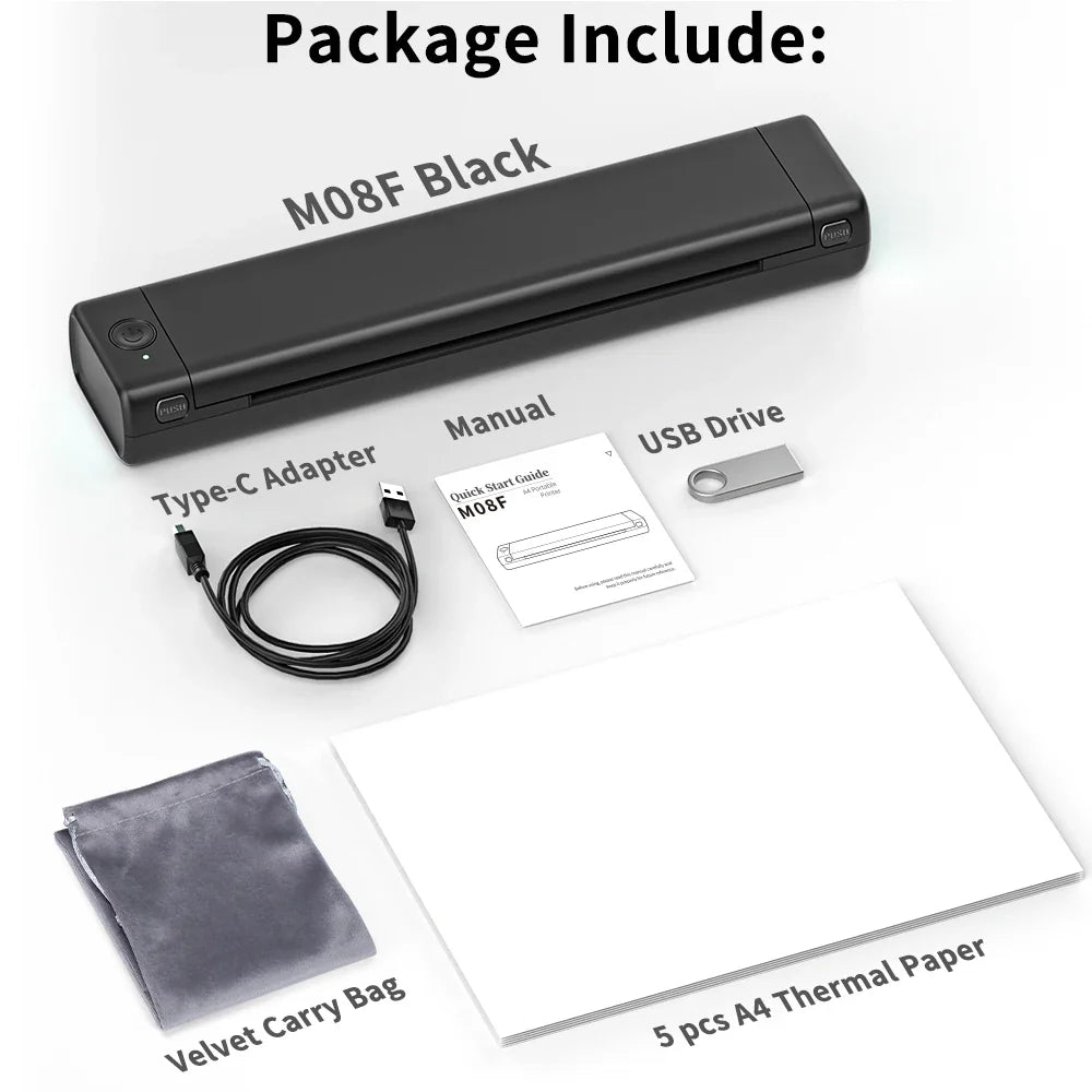 M08F Portable Phone Travel Home Wireless Thermal Printer Bluetooth Use A4 Mobile Printer for Laptops Inkless