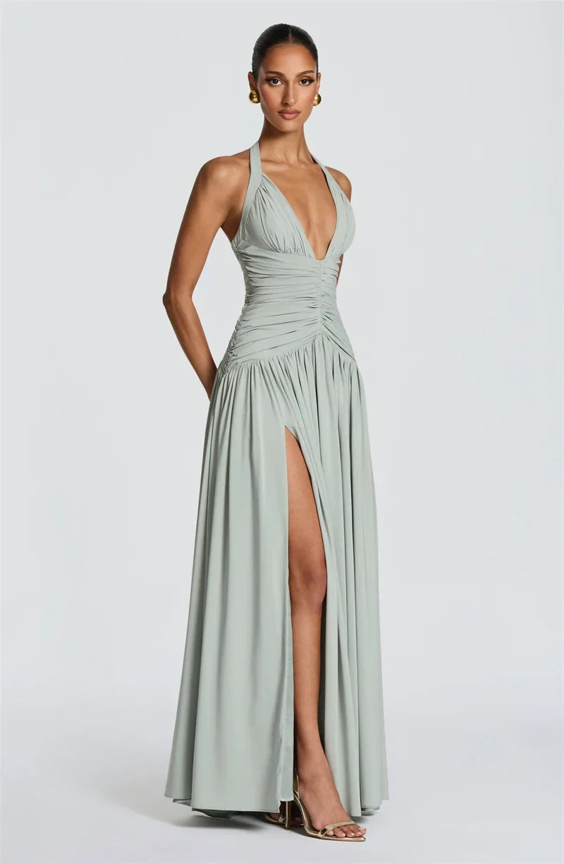 Elegant Halter Deep V Neck Sexy Maxi Women Dress Off-shoulder Sleeveless
