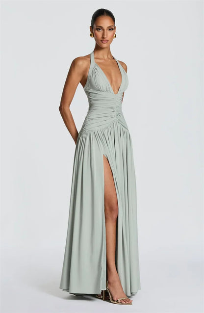 Elegant Halter Deep V Neck Sexy Maxi Women Dress Off-shoulder Sleeveless