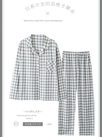 Pure Cotton Thin Plaid Unisex Pajamas for Men and Women Spring and Autumn Long Sleeves Plus Size Outerwear