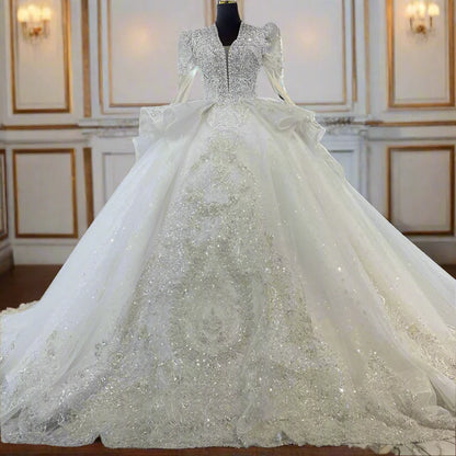 Exquisite Women Wedding Ball Gown V-Neck Dress Customized Beading Lace Up