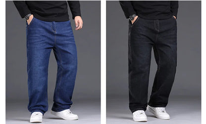 34-50 Sizes Men's Stretch Jeans Straight Leg Denim Pants Extended Sizing Blue/Black Streetwear Relaxed Fit for Work & Casual