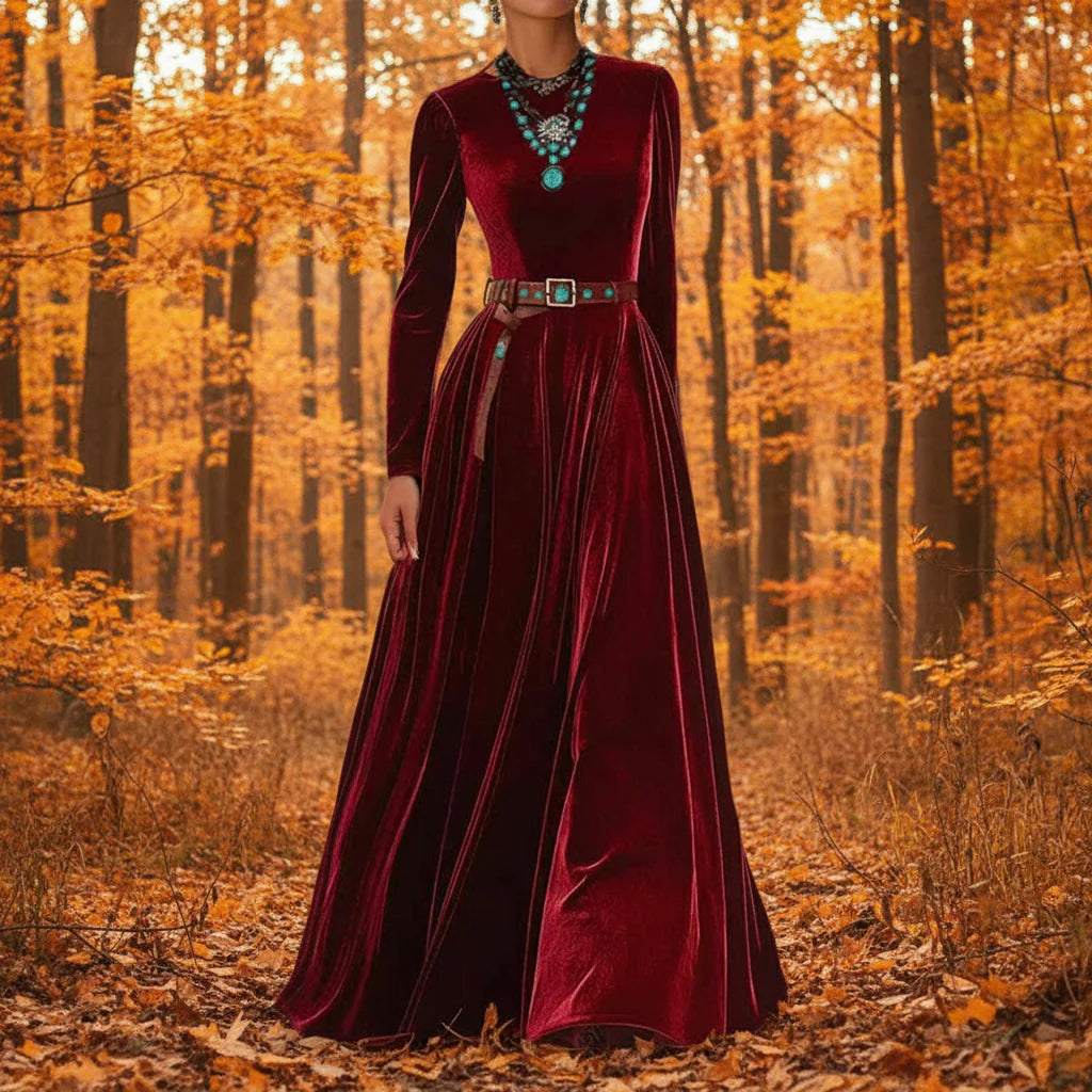 Spring Autumn O Neck Solid Chic Maxi Women Dress Long Sleeve Party Dress
