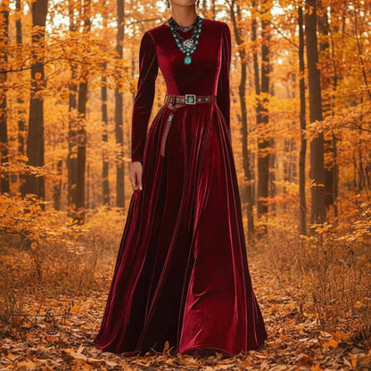 Spring Autumn O Neck Solid Chic Maxi Women Dress Long Sleeve Party Dress