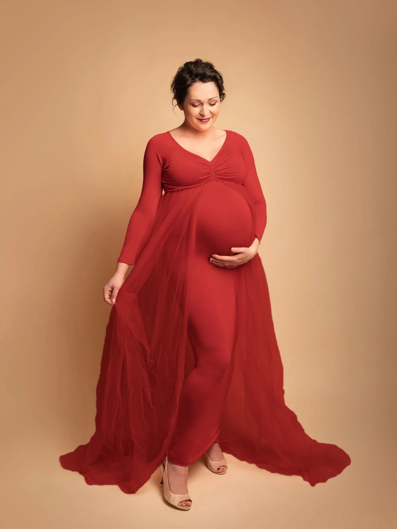Maternity Long Sleeved Floor Length Mesh Dress